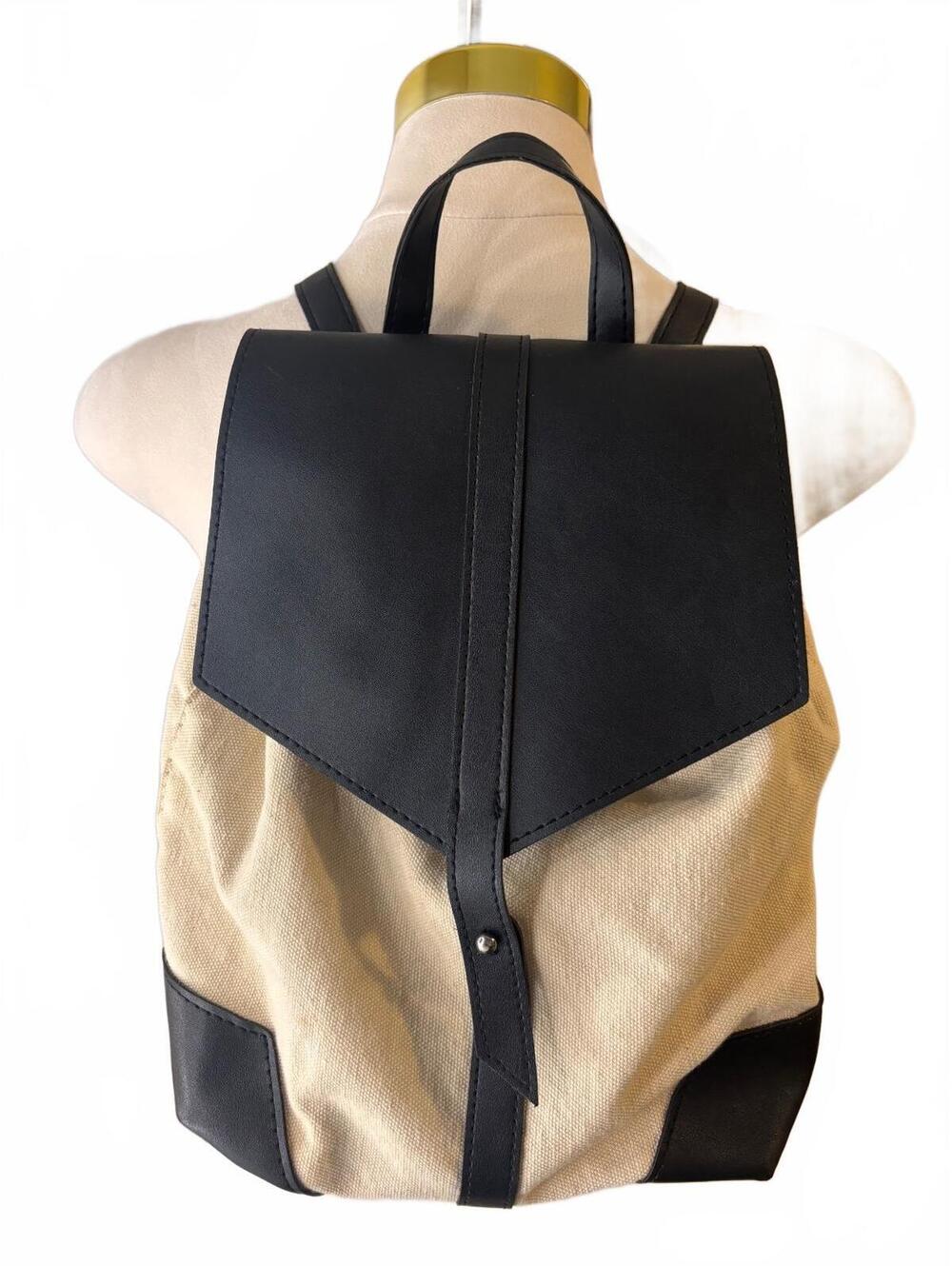 Deux Lux Beige Canvas & Black Faux Leather Minimalist Flap Backpack Bag